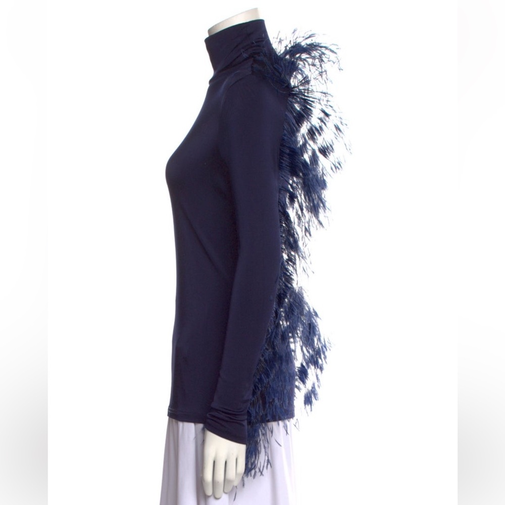 Proenza Schouler Navy Turtleneck Long-sleeve Sweater with Ostrich Feather Detail